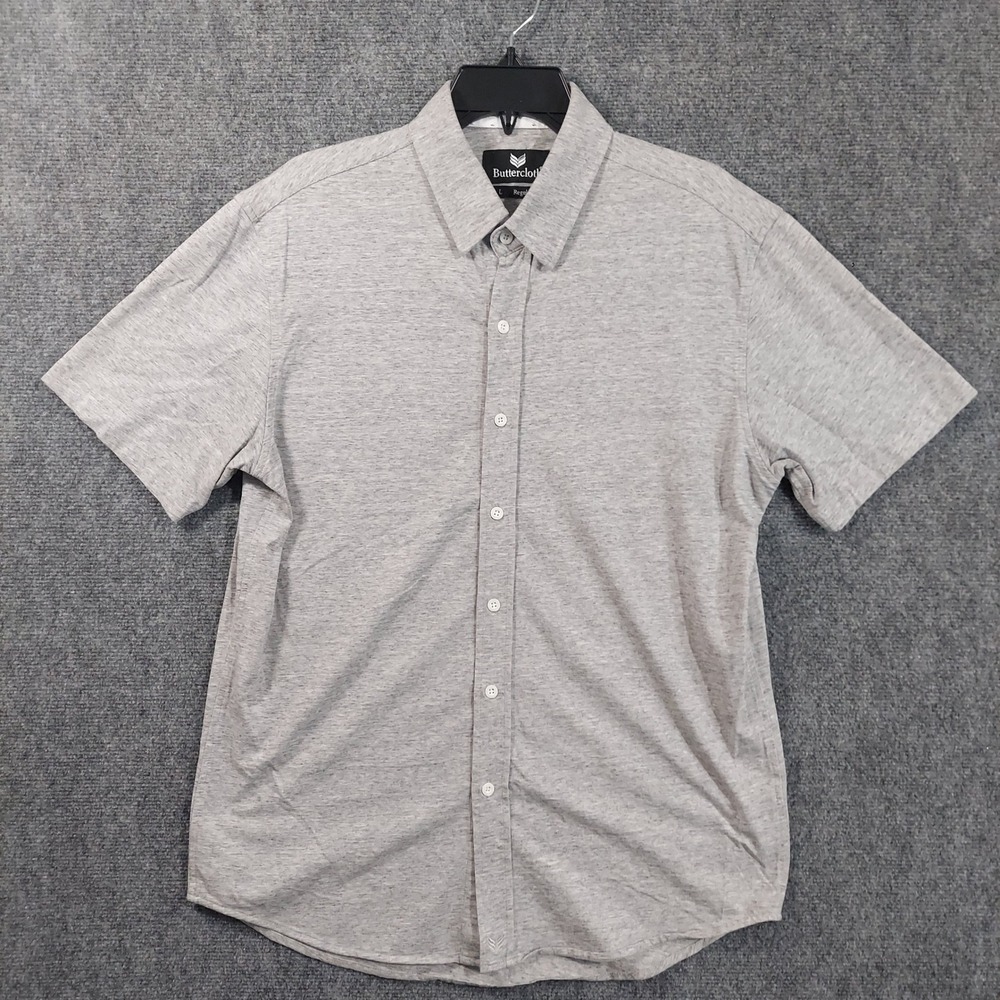 Buttercloth Button Down Shirt Men L Gray Short Sleeve Heathered Knit Regular Fit